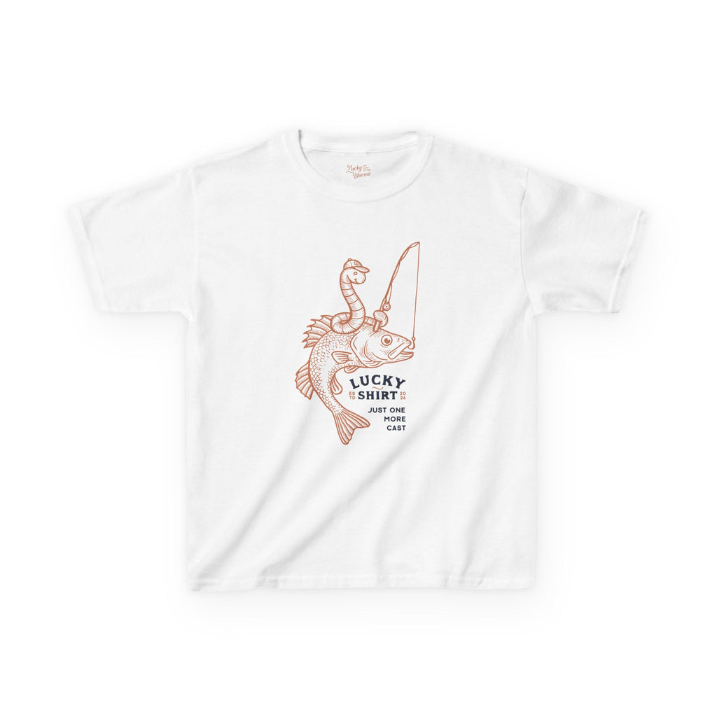Kids T‑Shirt — "Lucky Shirt: Just One More Cast" Fishing Dino Graphic